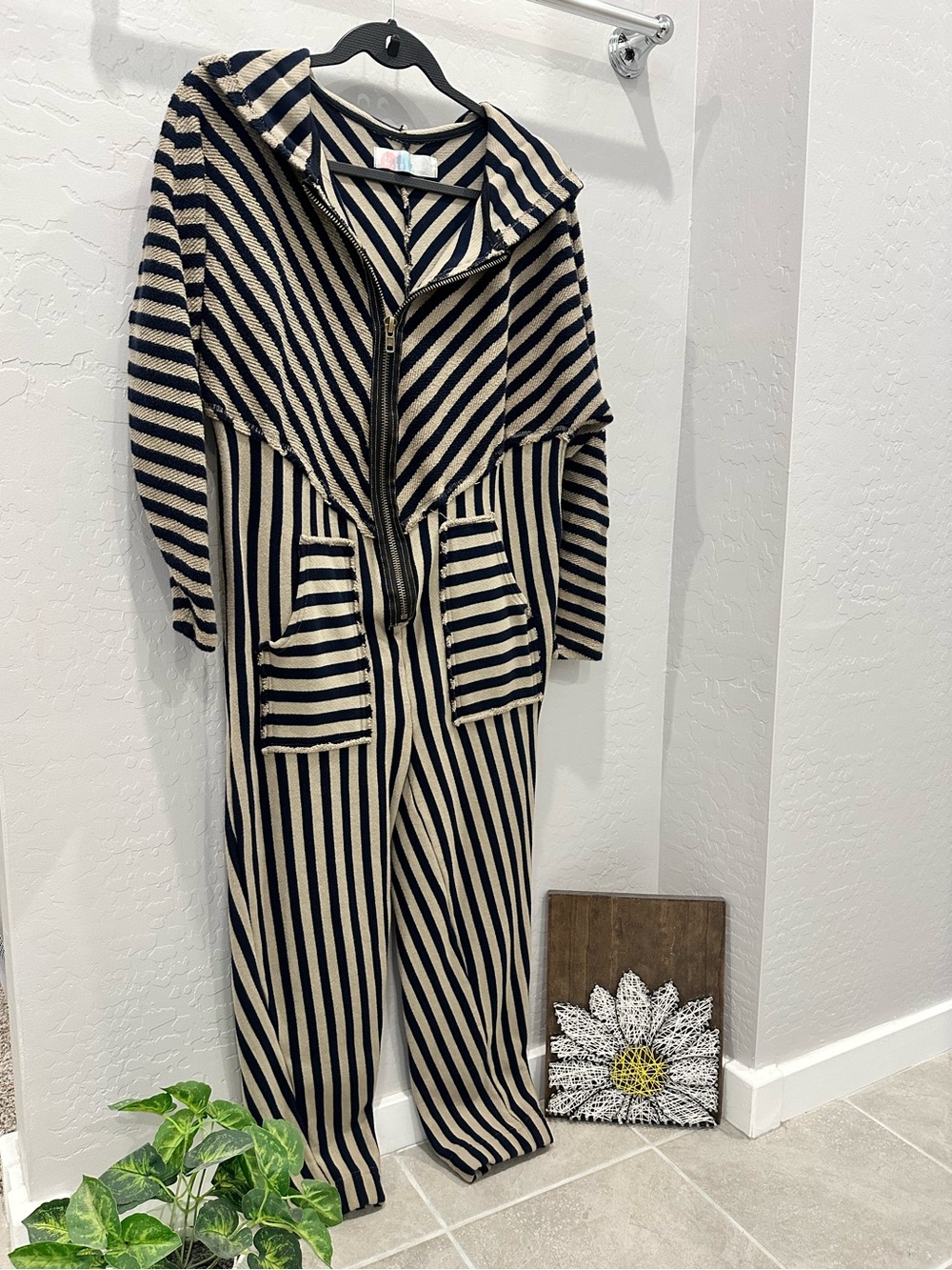 Free People Navy and Cream Striped Hooded Jumpsuit